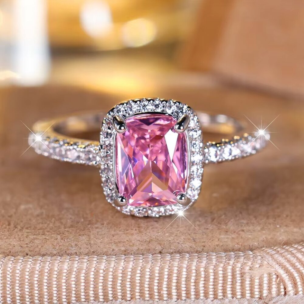 NEW 18k White Gold Pink Sapphire Diamond Ring Cushion Cut Ring